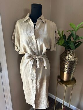 Lauren Ralph Lauren Beige Linen Midi Shirt Dress 100%Linen